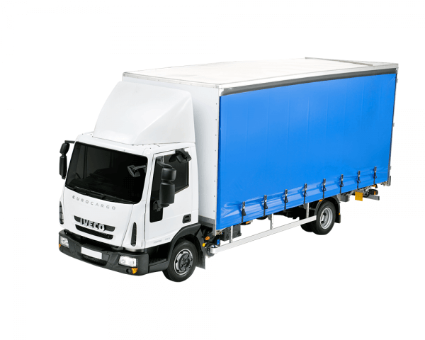 12-tonne rigid curtainside truck with blue curtains