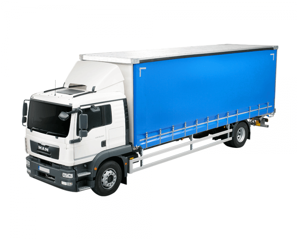 18-tonne rigid curtainside truck with blue curtains