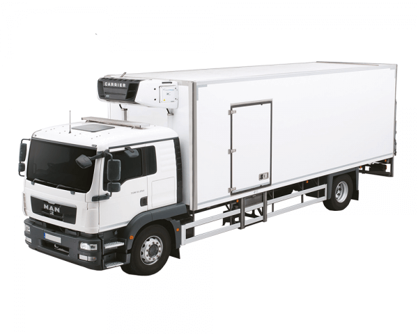White 18-tonne refrigerated rigid truck with side loading door