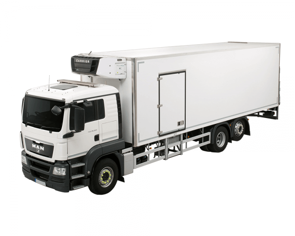 White 26-tonne refrigerated truck with side loading door
