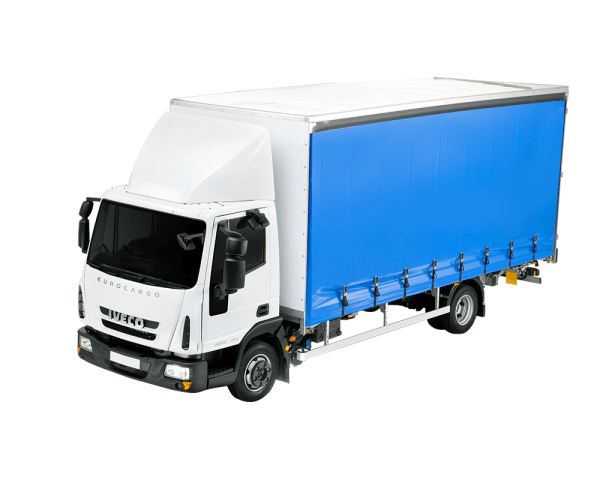 White 7.5-tonne rigid curtainside truck with blue curatins