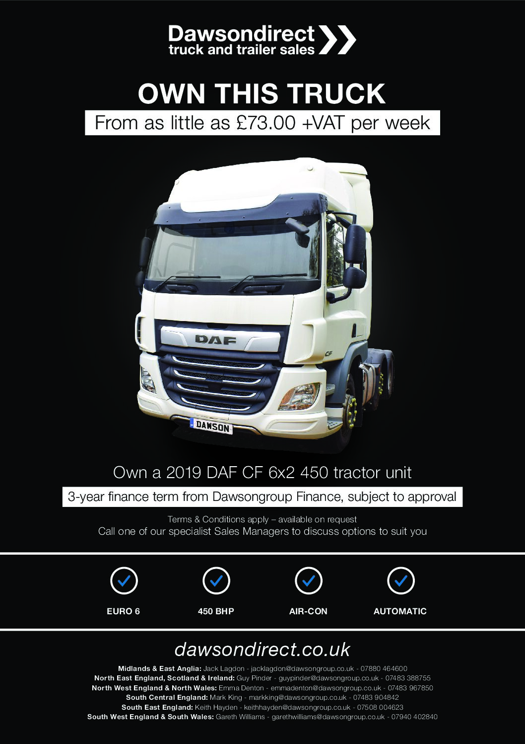 2019 DAF 450 Tractor Unit Offer with Dawsondirect Own a 2019 DAF CF 450 6x2 tractor unit | Dawson Direct